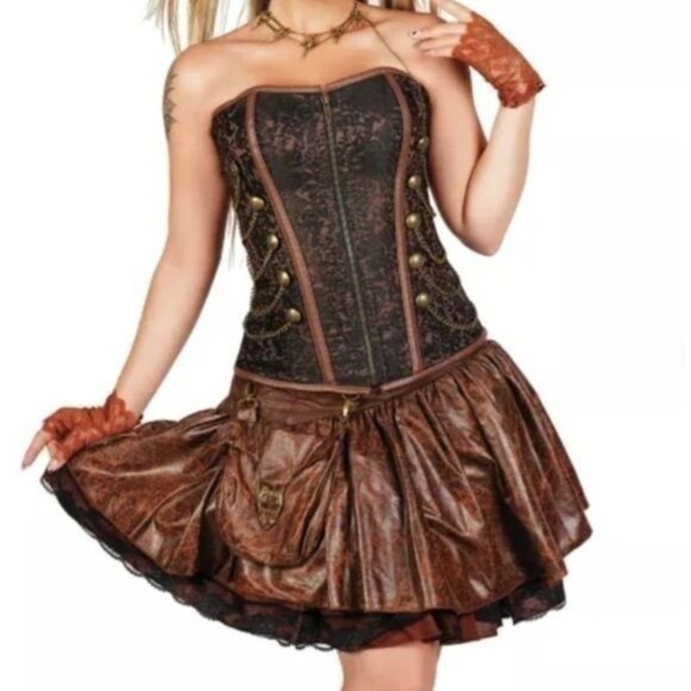 2 Pc S/M Corset Skirt Brass Chain Lace SteamPunk‎ Festival Western Y2K Coquette